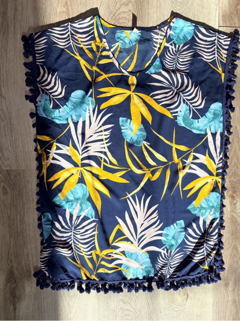 Vivica Tropical Tassel Cover Up One Size Navy Palm Print Beach Kaftan